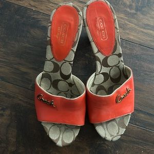 Classic Coach monogram mule. Tomato red trimmed with gold. Genuine leather